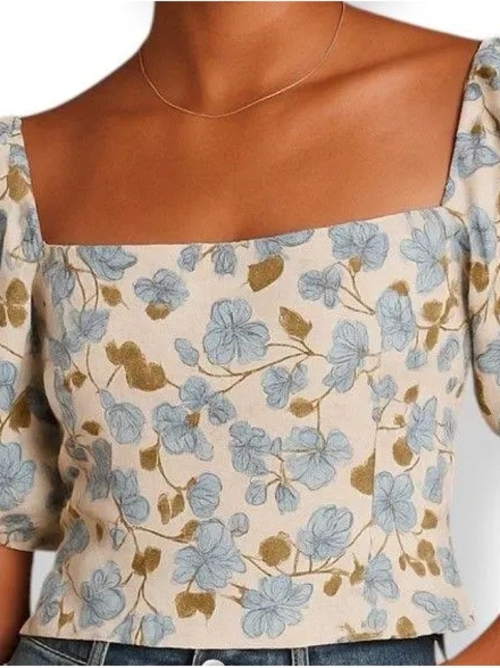 Joie Linen Cream Floral Square-Neck Crop Top with Blue and Olive Print XL